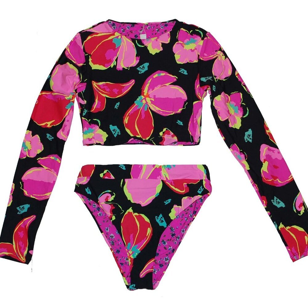 NWT Maaji Floral Long Sleeve Crop Swim Top & High Waist Bikini Bottom Set L